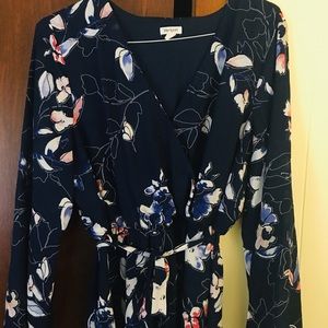 Navy Blue V-neck Dress with Mixed Florals